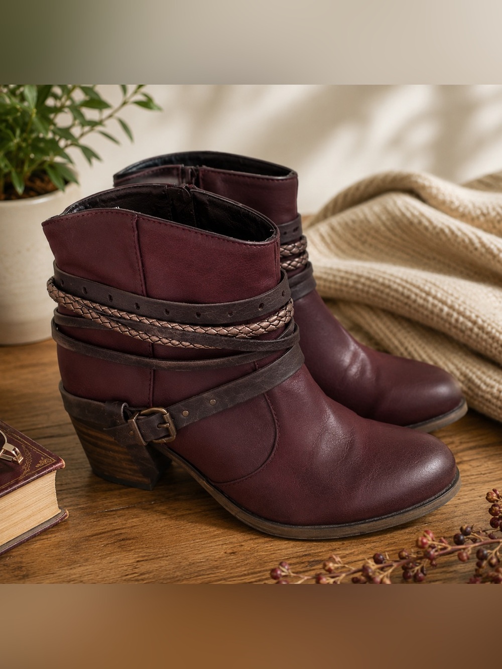 JELLY POP Mitchell Burgundy Casual Streetwear Buckle Zip Ankle Boots Size 10